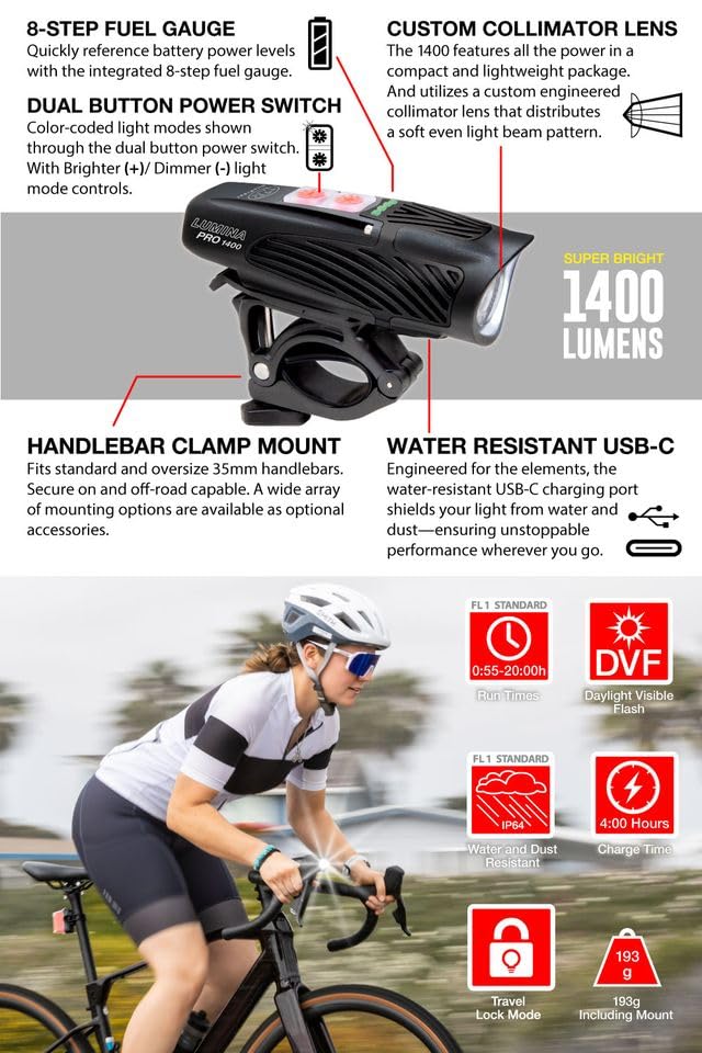 NiteRider Lumina Pro 1400 Lumen USB-C Rechargeable Front Bike Light - 8 Modes IP64 Waterproof FL1 Bike Headlight for Road Cycling, MTB, Commuter, Night Cycling Safety LED Bicycle Light Easy Mount