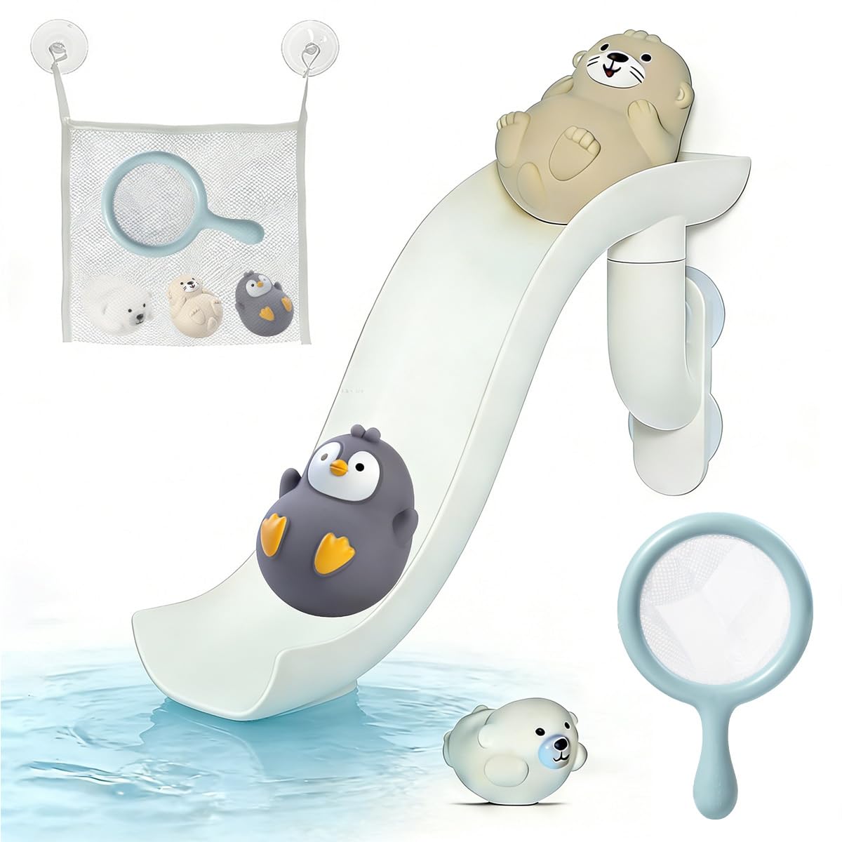 Animals Slide Bath Toy Play Set with Fishing Net Baby Bath Toys for Boys and Girls 6+ Months - Suction Cup Toy Attaches to Shower Wall