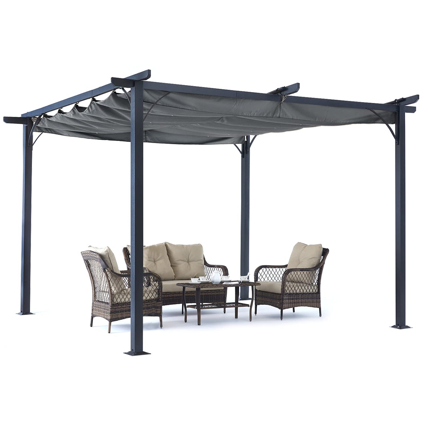 Patio Pergola with Retractable Shade - ABCCANOPY 10x10 Outdoor Retractable Pergola with Sun Shade Aluminum Shelter for Garden, Deck, Lawn, Porch & Backyard (Dark Gray)