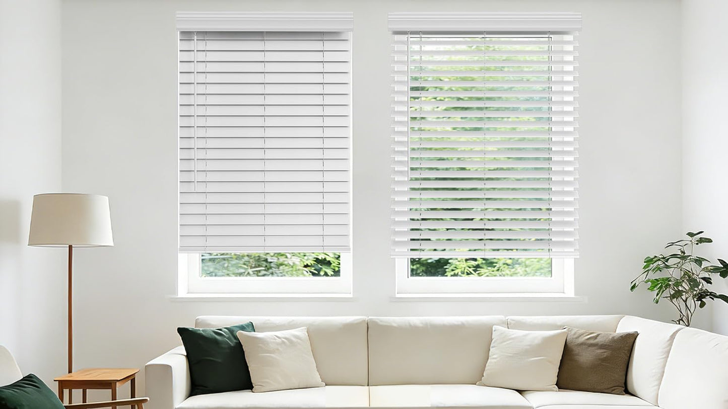 Allesin zen Cordless Faux Wood Blinds with Classic Valance, 2" Blinds for Indoor Windows-23 W x 48" H-White, Smooth Lift Operation, Horizontal Window Blinds for Home and Office