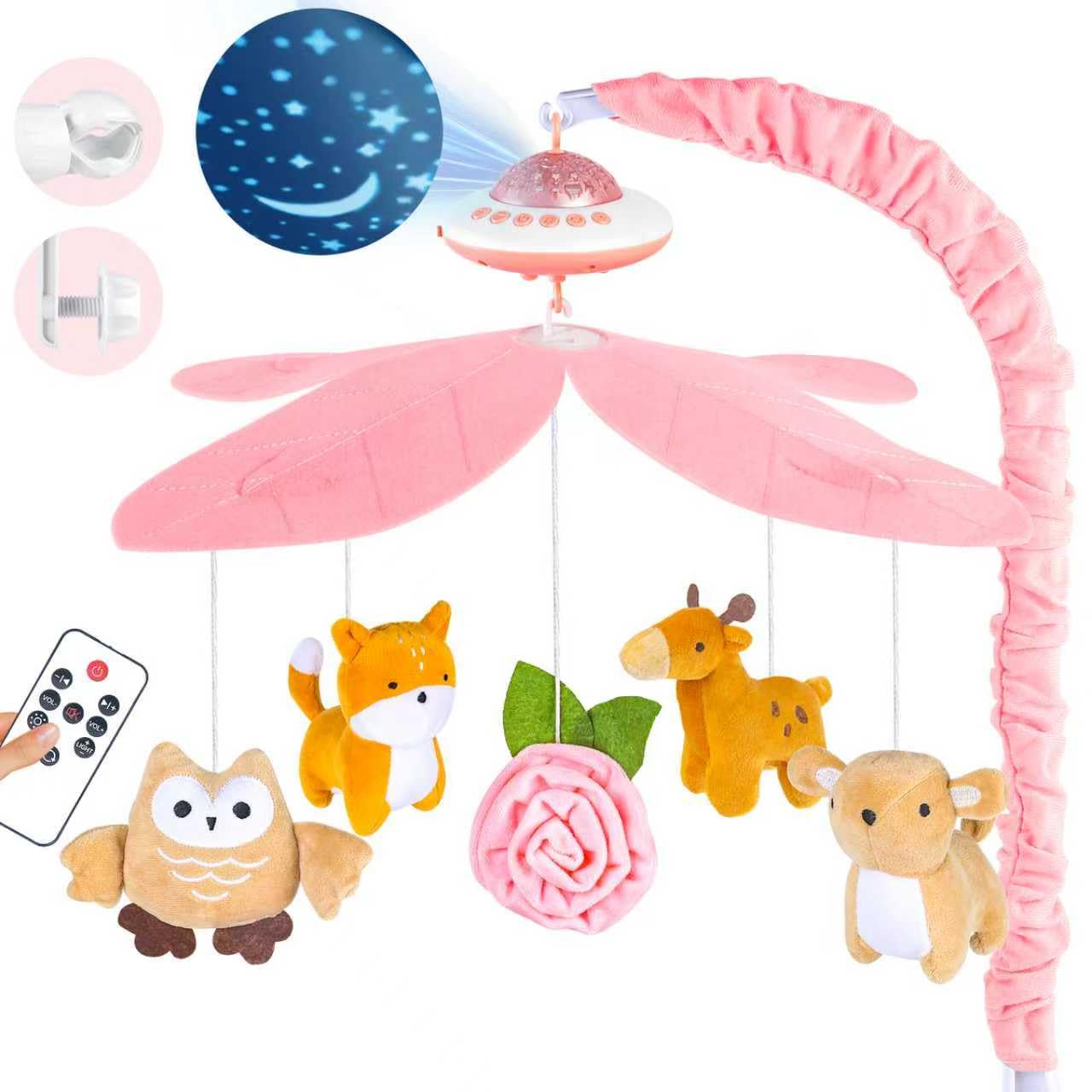 Playix Baby Crib Mobile with Music and Lights, Nursery Baby Mobile for Crib Bassinet with Remote Control, Rotation, Starlight Projection, Crib Toys for Babies Boys Girls Pink
