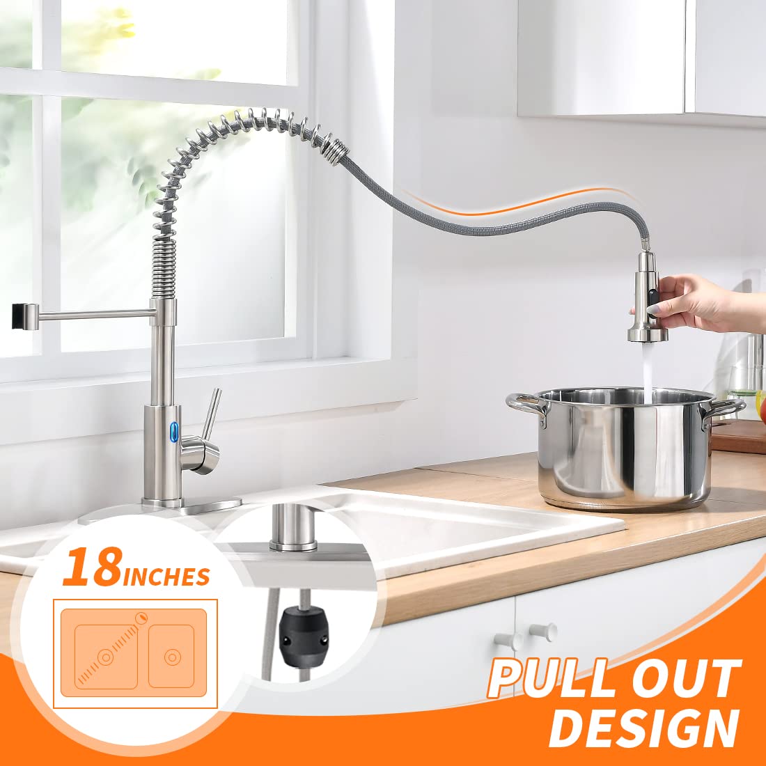 OWOFAN Touchless Kitchen Faucet with Pull Down Sprayer LED Light Single Handle Kitchen Sink Faucet Motion Sensor Smart Hands-Free, Stainless Steel Brushed Nickel 1080SN