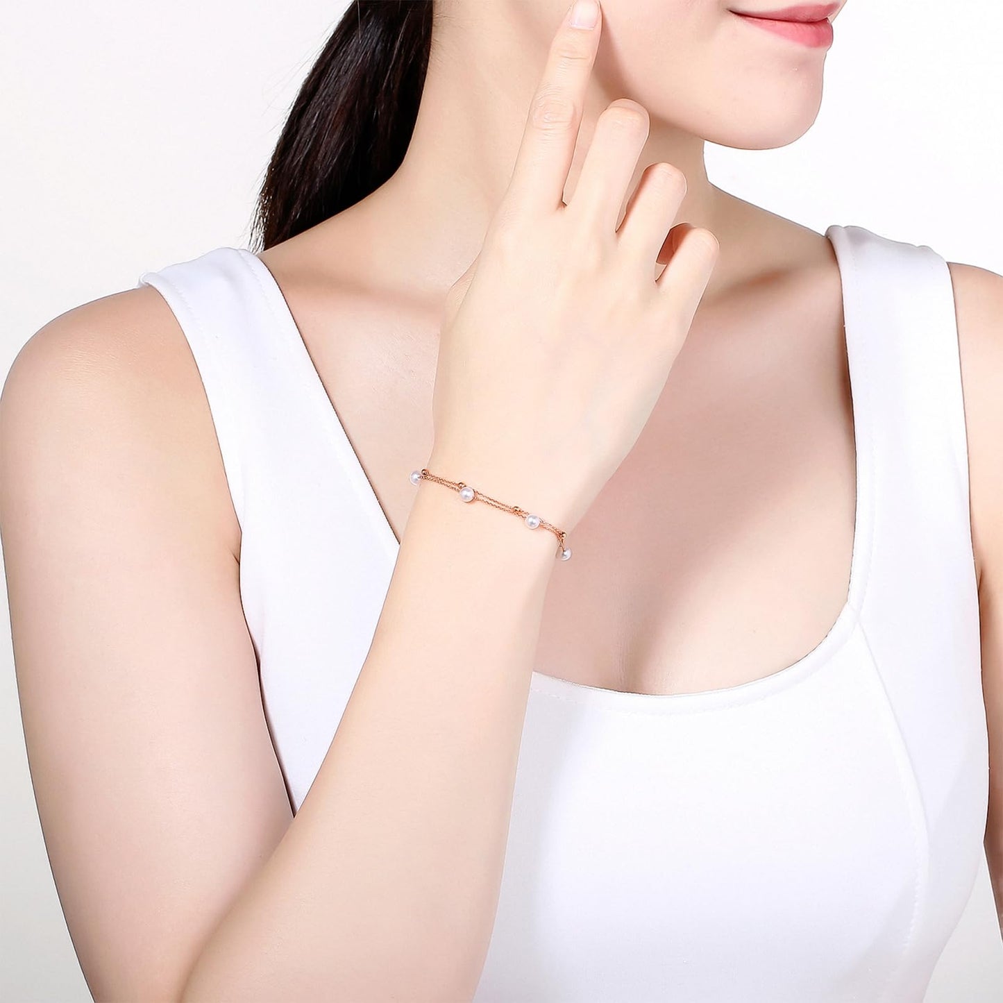 ZHOU LIU FU 18K Rose Gold Chain Bracelet Thin Link Small Beads Freshwater Pearls Bracelet Dainty Jewelry Set Layered Bracelets for Women Mom Daughter Friends Gifts Birthday Anniversary
