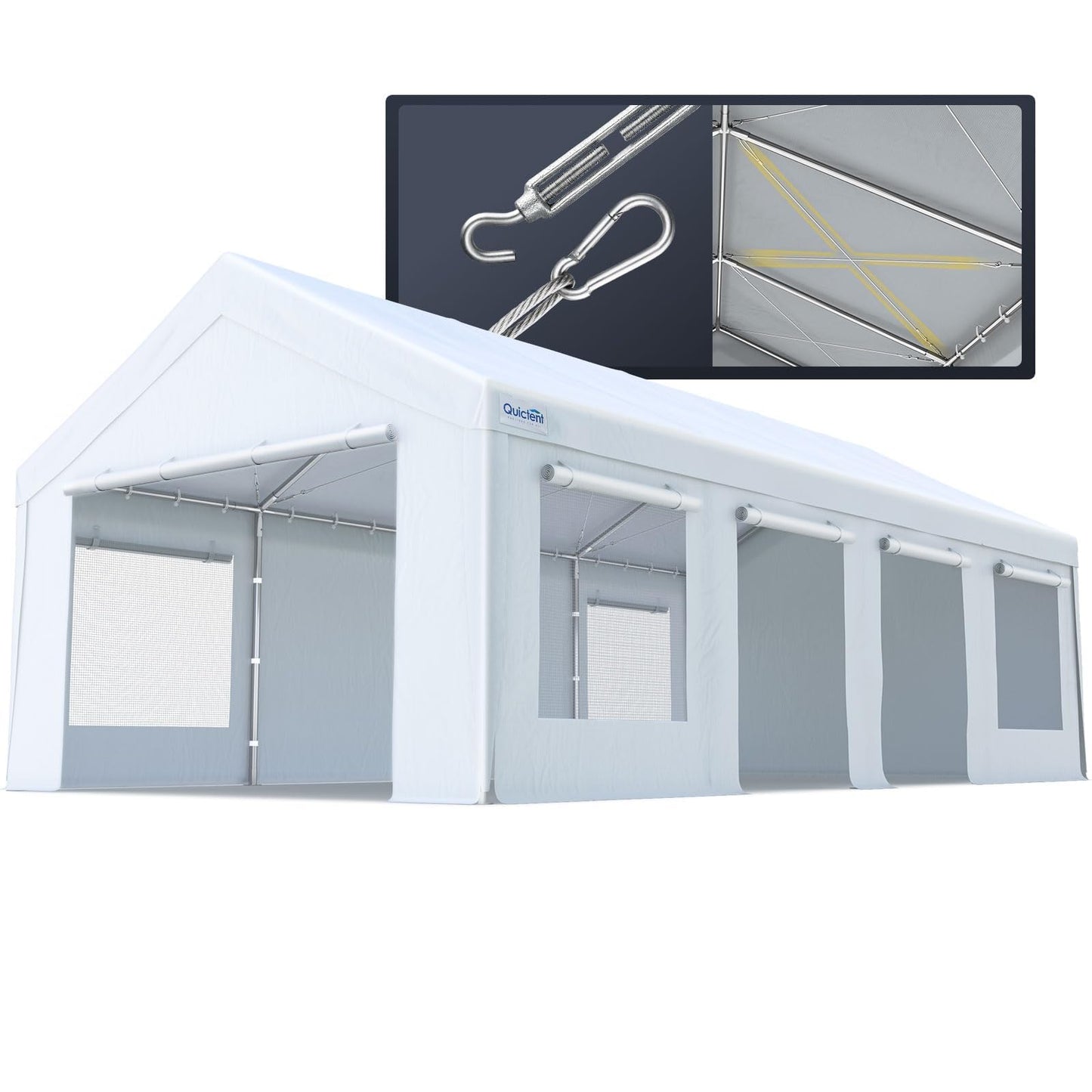 Quictent Heavy Duty 13x25 ft Carports with Side Zipper Doors & Snowproof Steel Cables & Ventilated Windows, Waterproof Storage Shelter for Car, Boat, RV, Outdoor Equipment, White