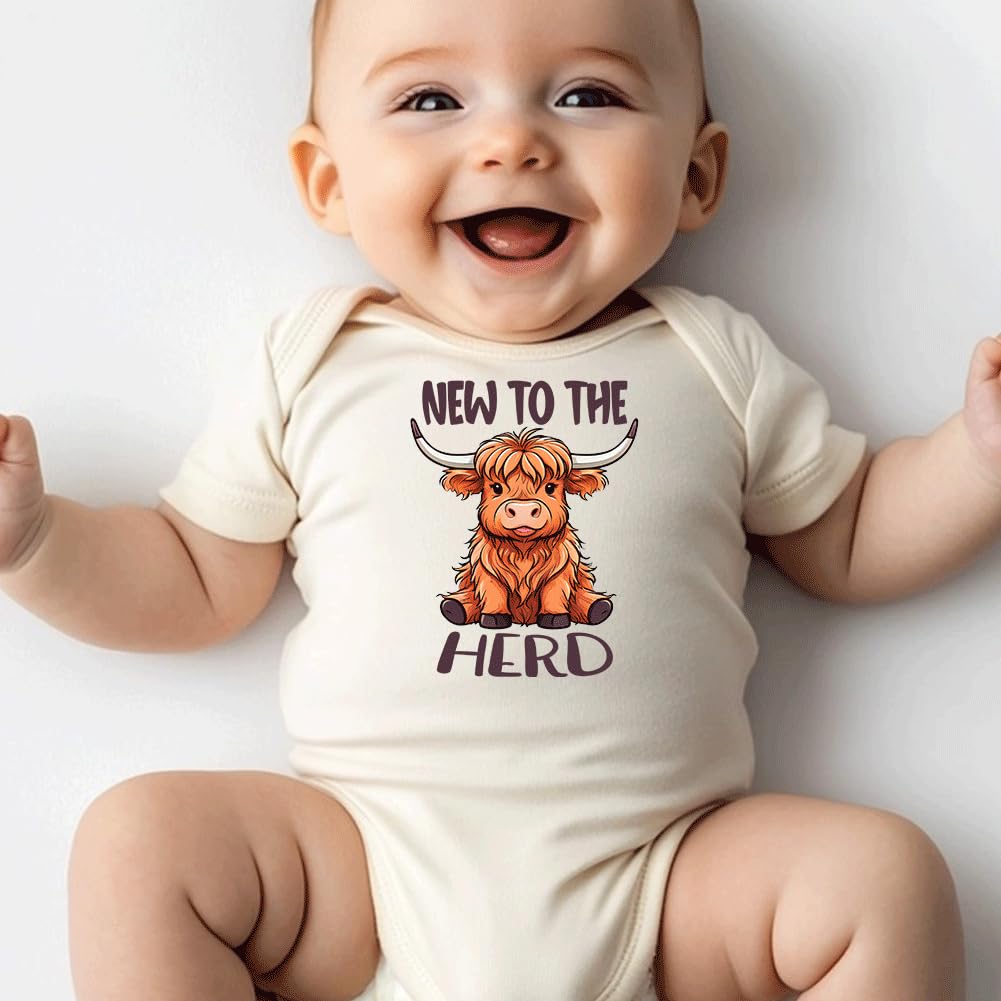 hrcfbk Western Baby Boy Girl Clothes Summer Newborn New to the Herd Cowgirl Short Sleeve Romper Infant Highland Cow Bodysuit (Beige New to the Herd,0-3 Months)