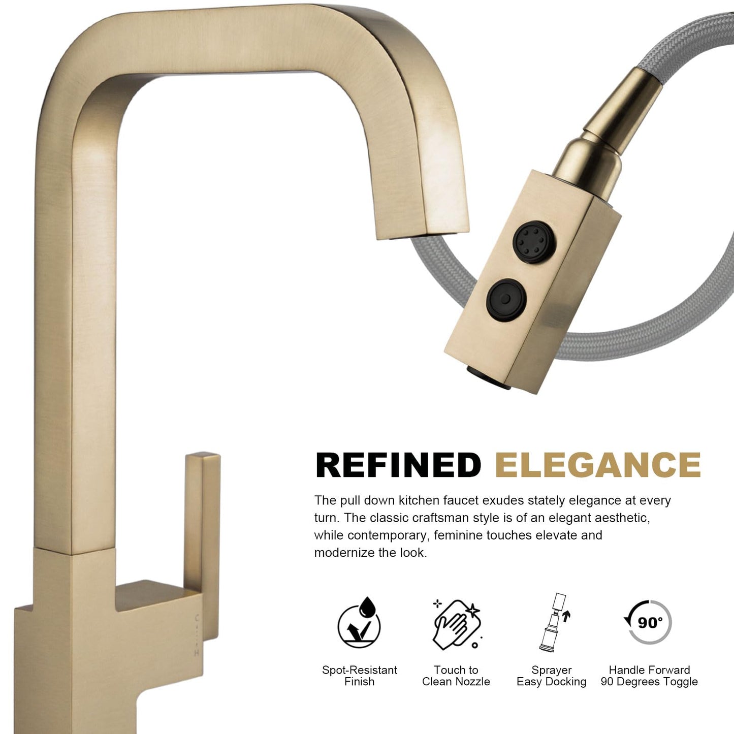 Lava Odoro Champagne Gold Kitchen Faucet with Pull Down Sprayer, Bronze Gold Single Handle Kitchen Sink Faucet, 1 Hole Faucet for Kitchen Sink with Magnetic Docking Spray Head and Deck Plate KF182-CB