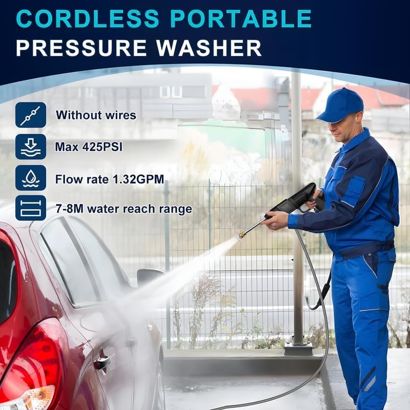 Cordless Portable Wireless Pressure Washer Gun 48V 12000mah High Pressure Water Gun for Car Wash Bike Washing Cleaning| Adjustable Nozzle and 5M Hose Pipe (Double Battry)