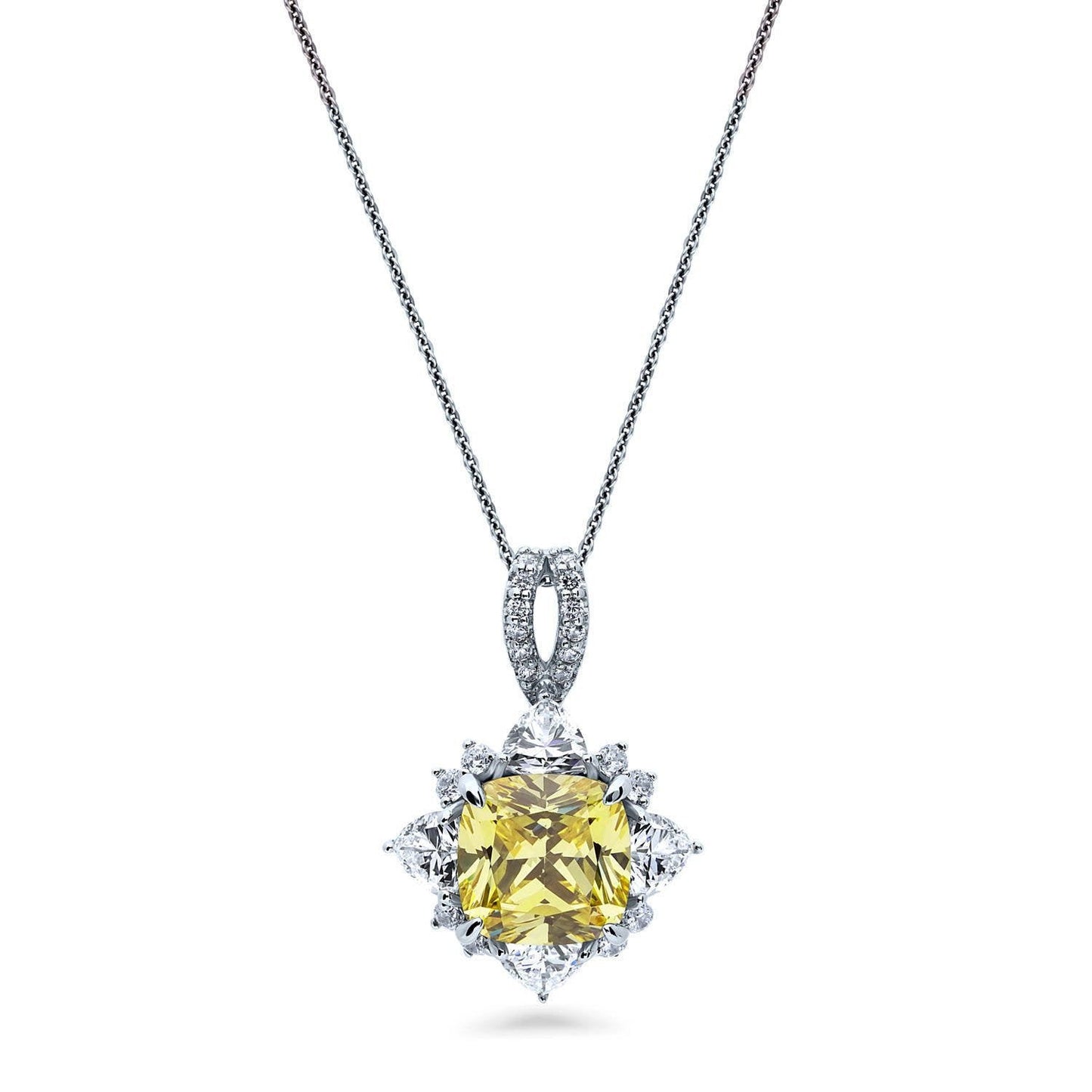 BERRICLE Sterling Silver Halo Canary Yellow Cushion Cut Cubic Zirconia CZ Flower Fashion Necklace and Earrings Set for Women, Rhodium Plated