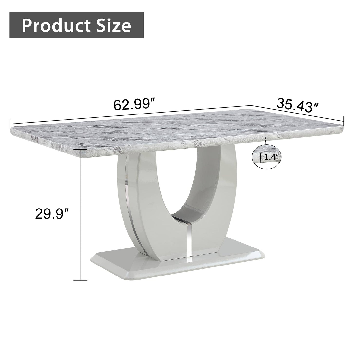 JUFU 63" Faux Marble Dining Table for 6, Modern Rectangular Kitchen & Dining Room Table, Gray Marble-Look MDF Top, U-Shaped Pedestal Base, Easy Assembly