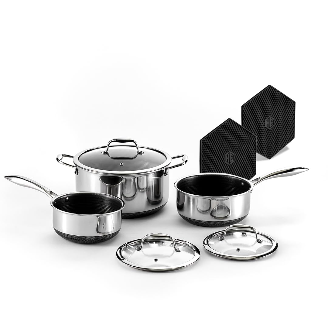 HexClad Hybrid Nonstick 14-Piece Cookware Set, 8", 10", and 12" Pans with Lids, 2, 3, and 8Qt Pots with Lids, and 2 Silicone Trivets, Stay-Cool Handles, Dishwasher and Oven-Safe, Induction Ready