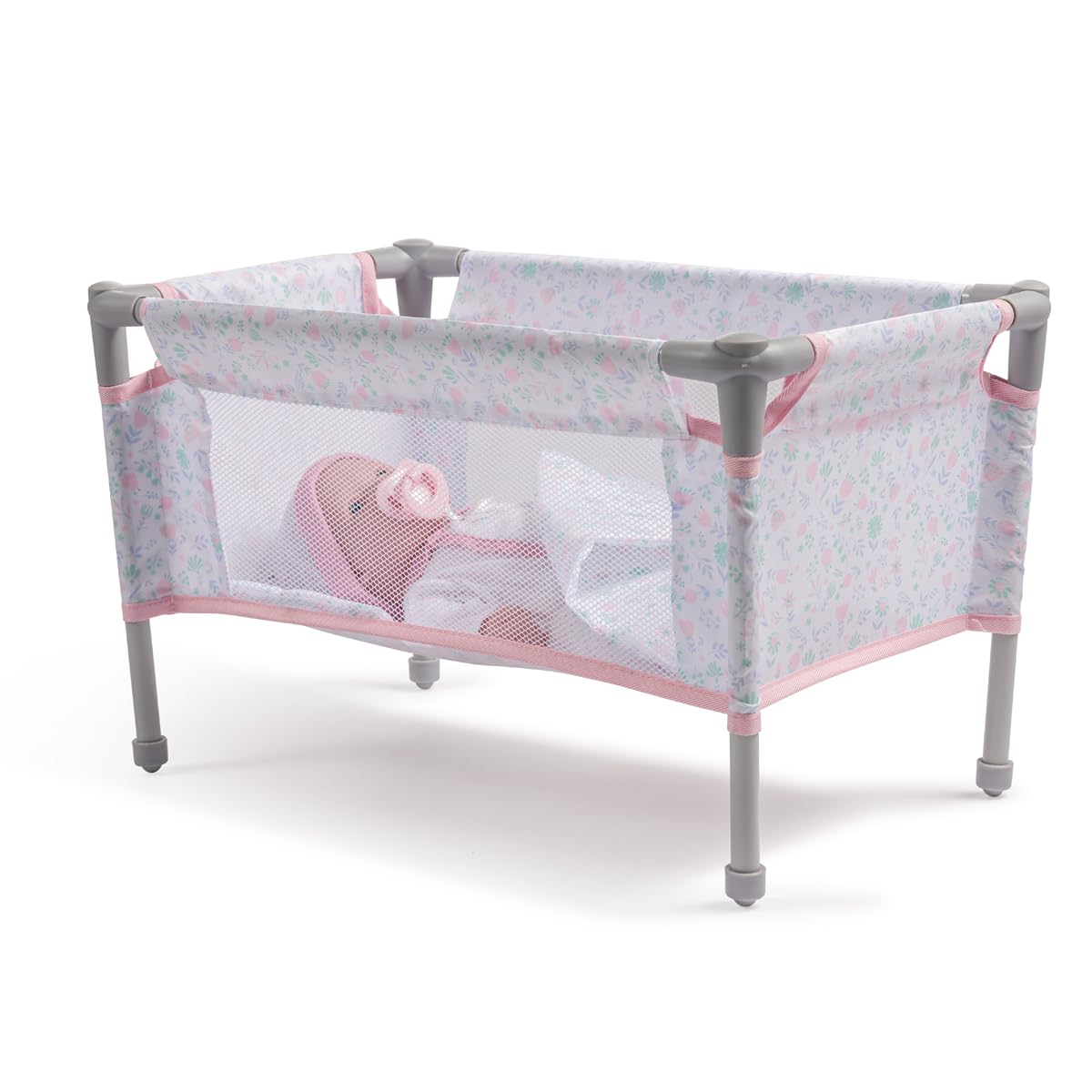 JC Toys - Berenguer Boutique | Travel Folding Crib - Playpen with Accessories | Pink Floral Collection | for Dolls up to 18" | Ages 3+