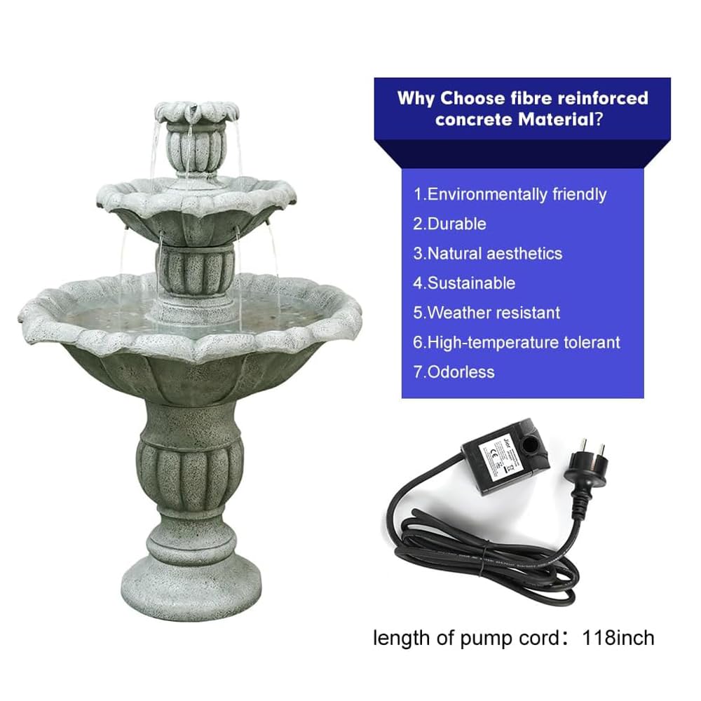 ourrco 39.3” H Outdoor Floor Water Fountain, 3-Tiers Concrete Water Fountain with Submersible Electric Pump - Garden Cascading Waterfall for Yard Patio Lawn Home Decor