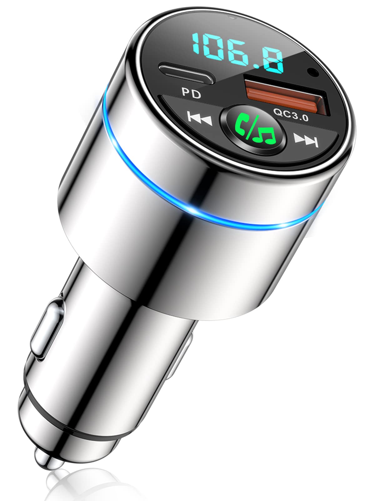 FM Transmitter for Bluetooth 5.3, [All-Metal] PD 30W & QC3.0 18W Fast Car Charger, Wireless FM Radio Kit Bluetooth Car Adapter, Noise Cancelling Hands-Free Call, Blue Light - Silver