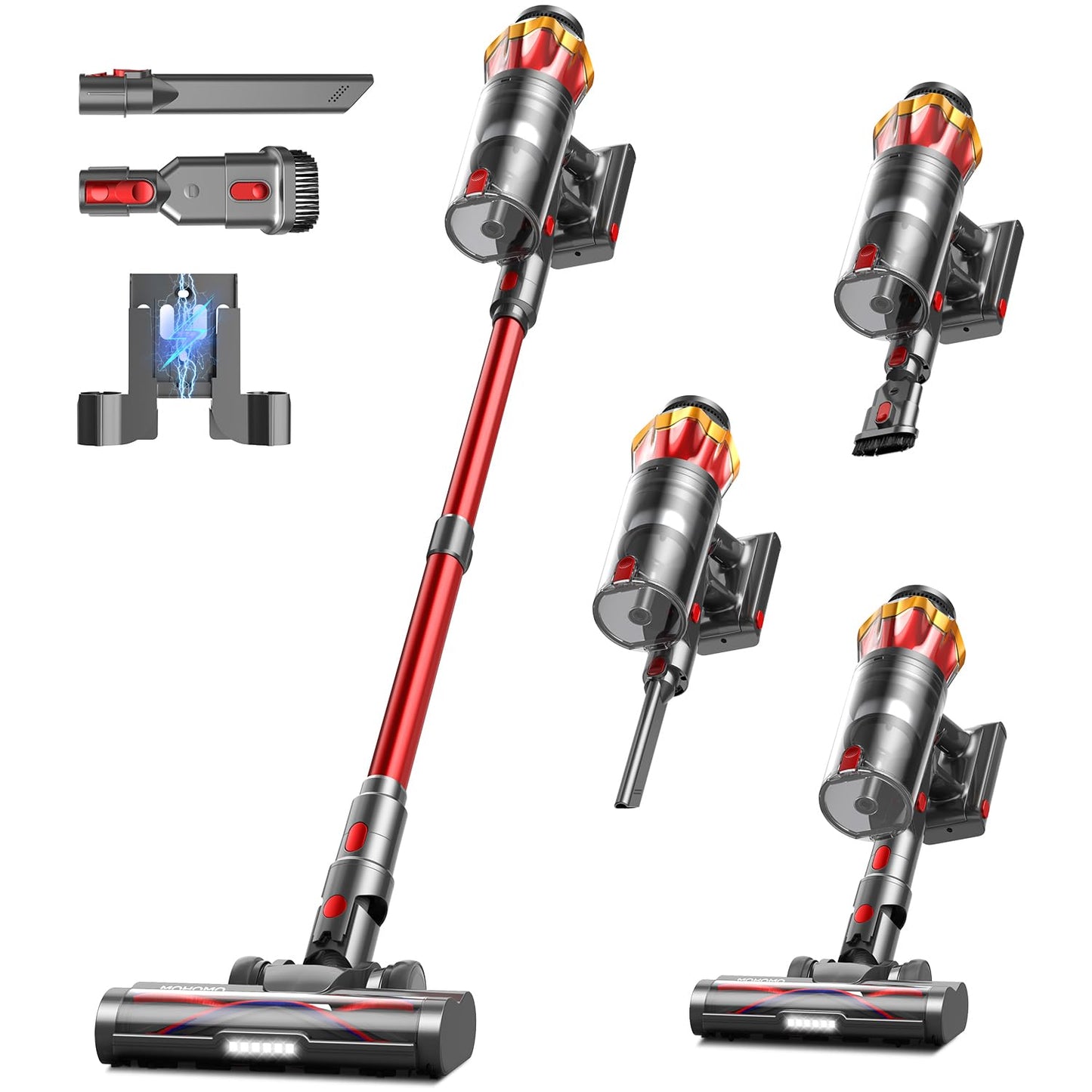 Cordless Vacuum Cleaner, 650W 55KPa 70Mins Vacuum Cleaners for Home, Self-Standing Stick Vacuum with Anti-Tangle Brush & OLED Touch Screen, Vacuum Cleaner for Hardwood Floors,Carpet,Pet Hair,Car (Red)