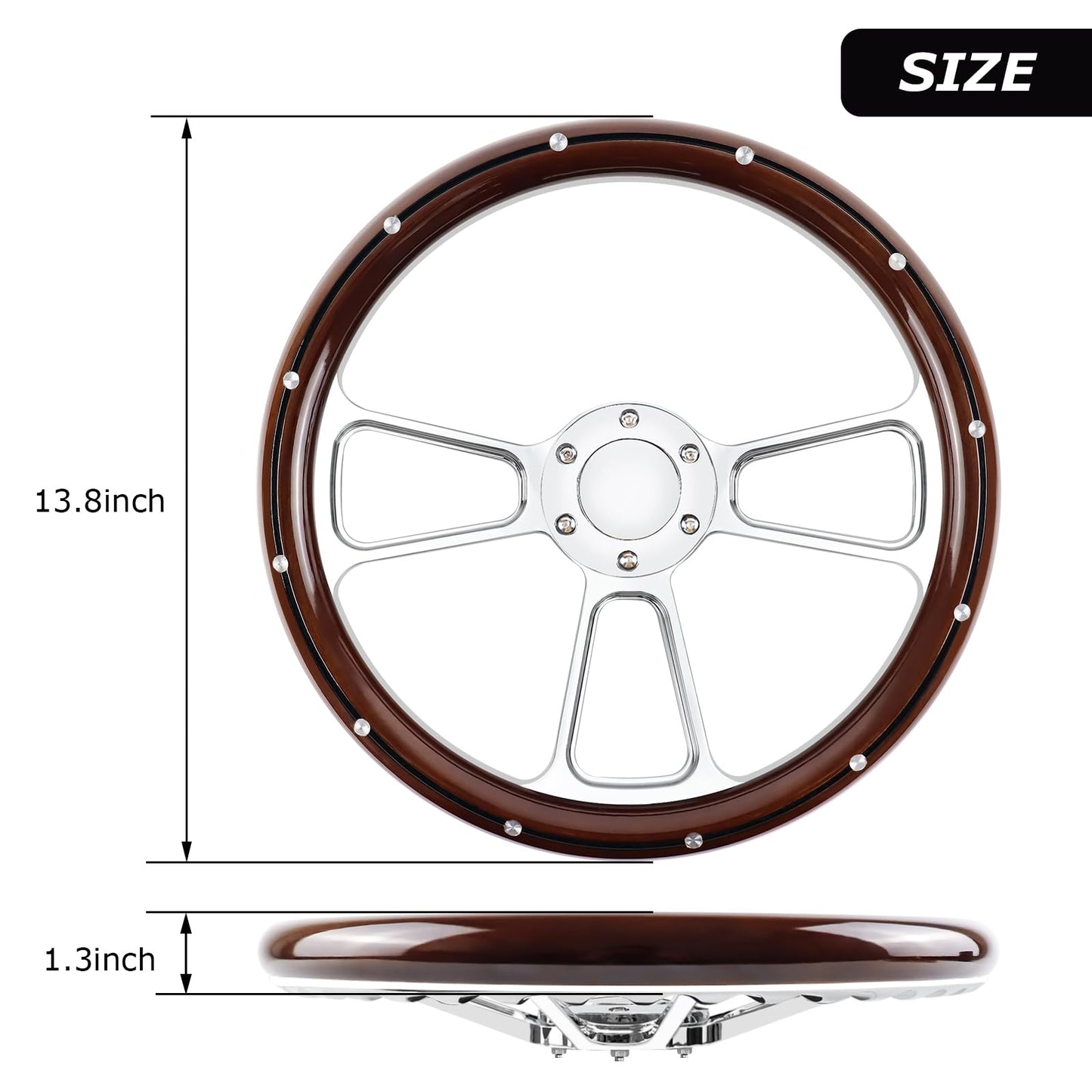 QYMOPAY Universal Racing Steering Wheel 14 Inch 6 Bolt Silver Aluminum 3 Spoke Muscle Style Steering Wheel with Horn Button for Racing/Rally/Motor sports Rivet