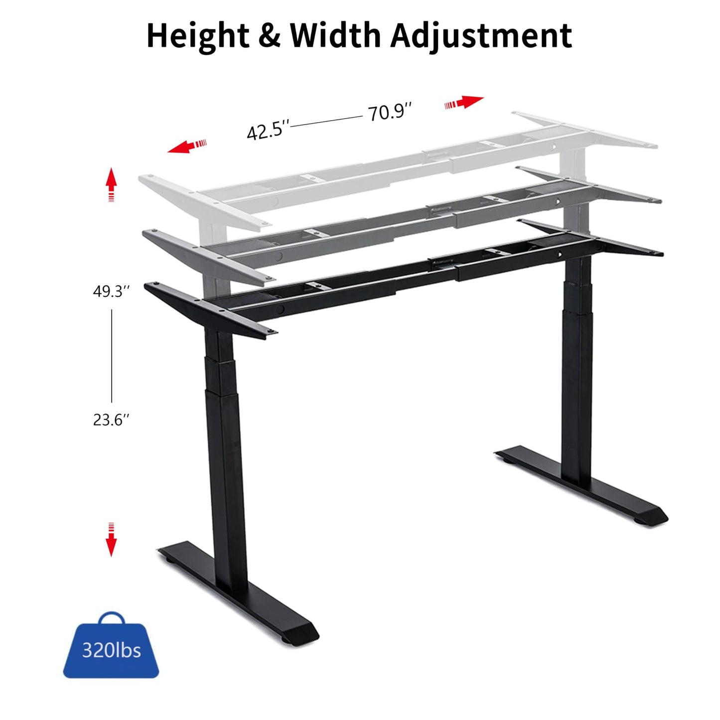 VWINDESK VJ201-S3 Electric Height Adjustable Sitting Standing Desk Frame Only/Sit Stand - Dual Motors 3 Segment Motorized Desk Base Only,Black