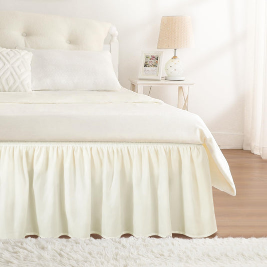 RIMELA Cream Bed Skirt Queen Size 15 Inch Drop, Elastic Bed Skirting for Bed Base and Frame, Bedding Dust Ruffle Easy to Install, Lightweight Wrap Around Adjustable Bedskirt