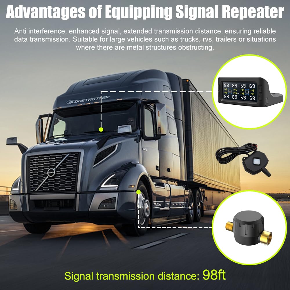 B-Qtech Tire Pressure Monitoring System Solar TPMS w/8 Flow Thru Sensors & Signal Repeater - Long Range Transmission for RV/Truck/Trailer/Camper, 7 Alert Modes Real Time Monitoring (0-199 PSI)