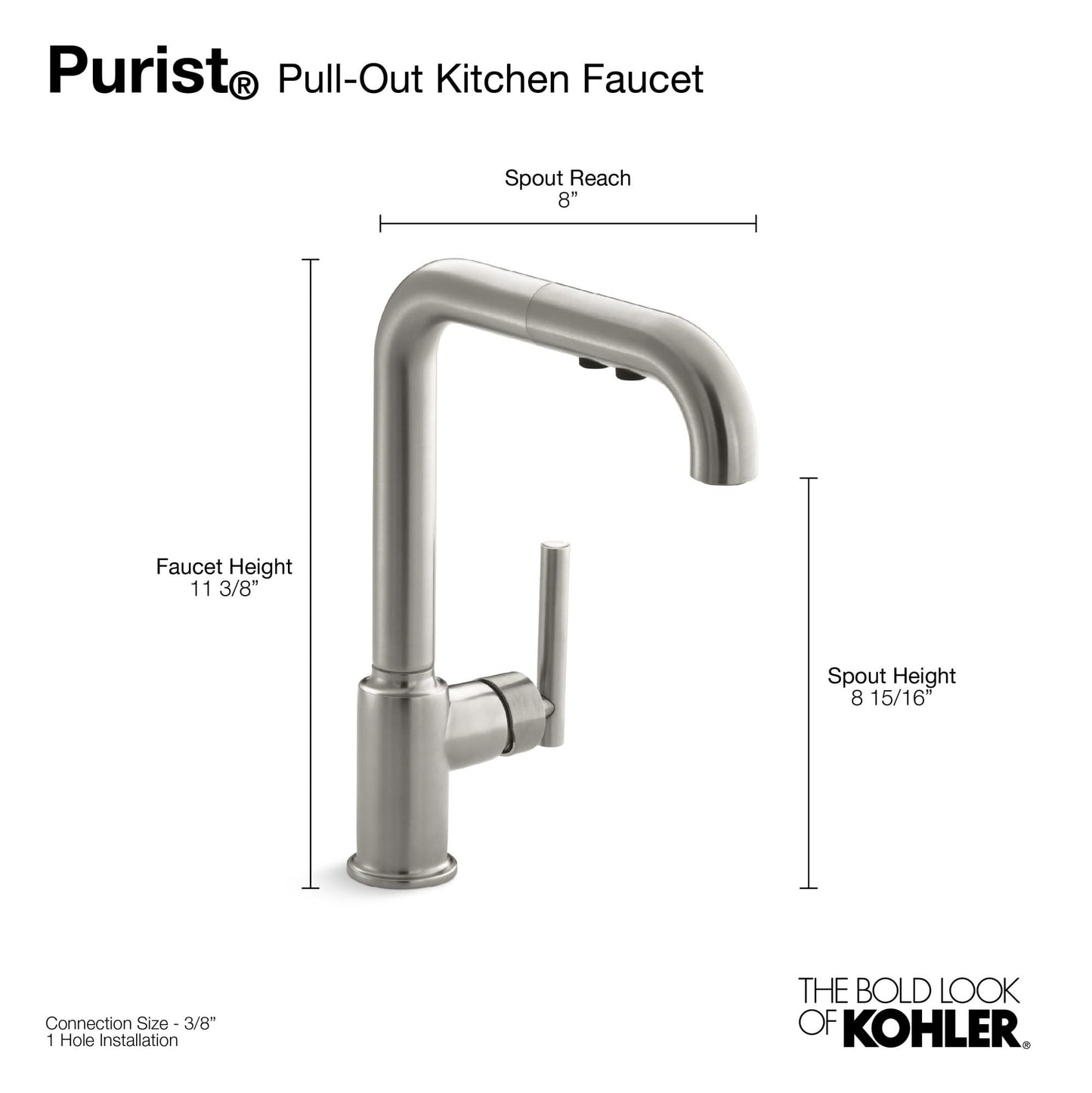 KOHLER Purist single-hole kitchen sink faucet with 8" pull-out spout