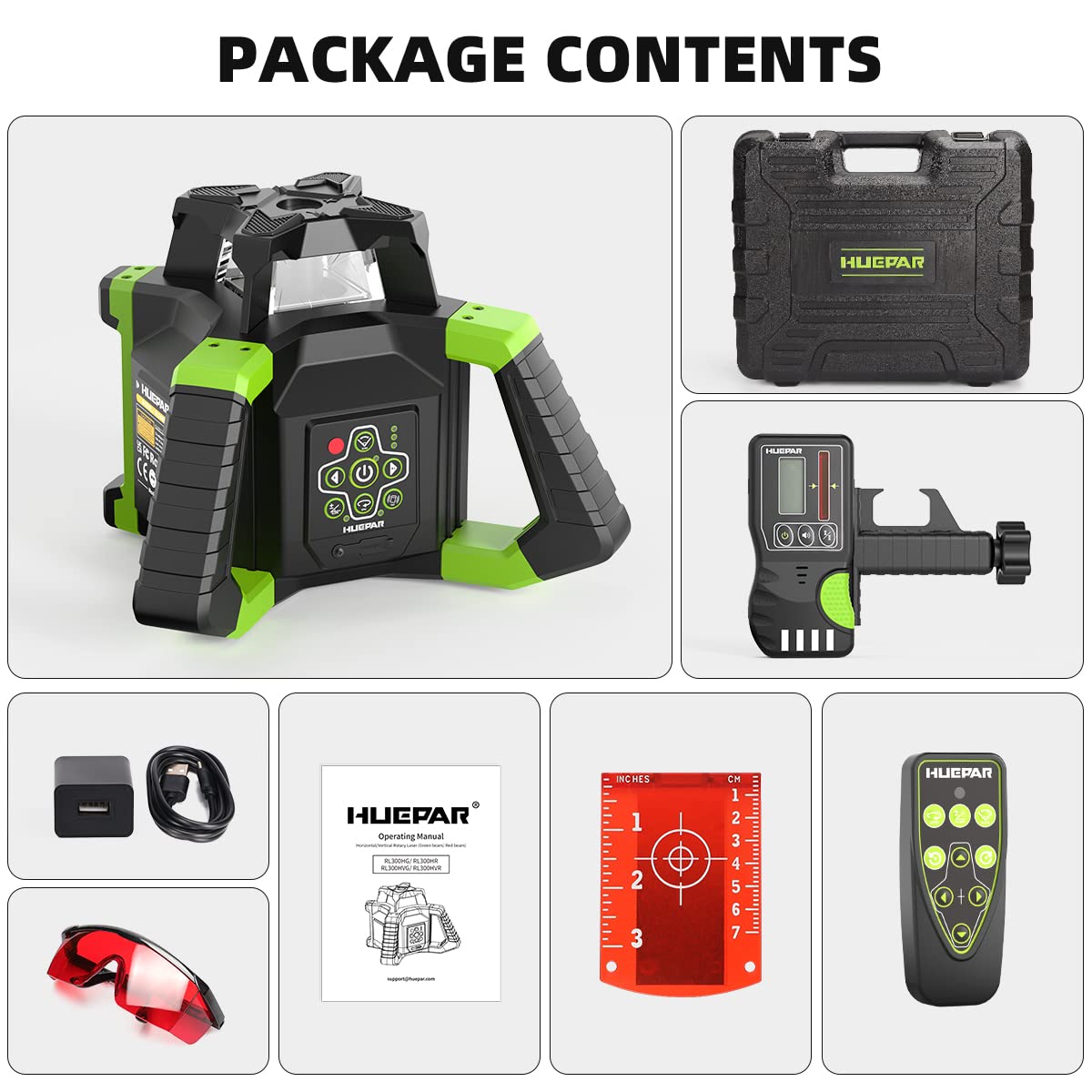 Huepar Electronic Self-Leveling Rotary Red Laser Level Kit - 360 Horizontal Laser Beam Interior/Exterior Rotating Laser Level Tool with Receiver, Protective Glasses, Li-ion Battery, Hard Case RL300HR