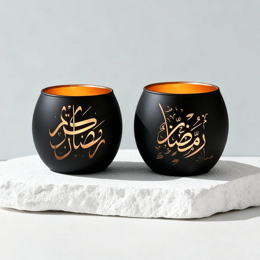 Eid Mubarak Decorations Indoor, Arabic Calligraphy 4 Pcs Laser Etched Glass Tealight Candle Holders, Ramadan Kareem & Ramadan Mubarak Votive Holders for Table Decor, Islamic Gifts