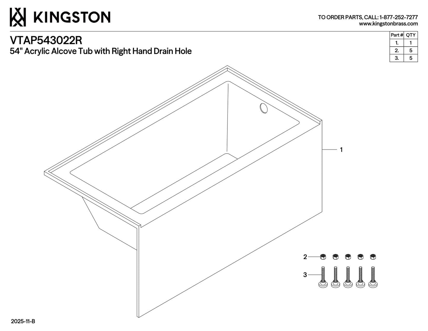 Kingston Brass VTAP543022R Aqua Eden Alcove Tub, White
