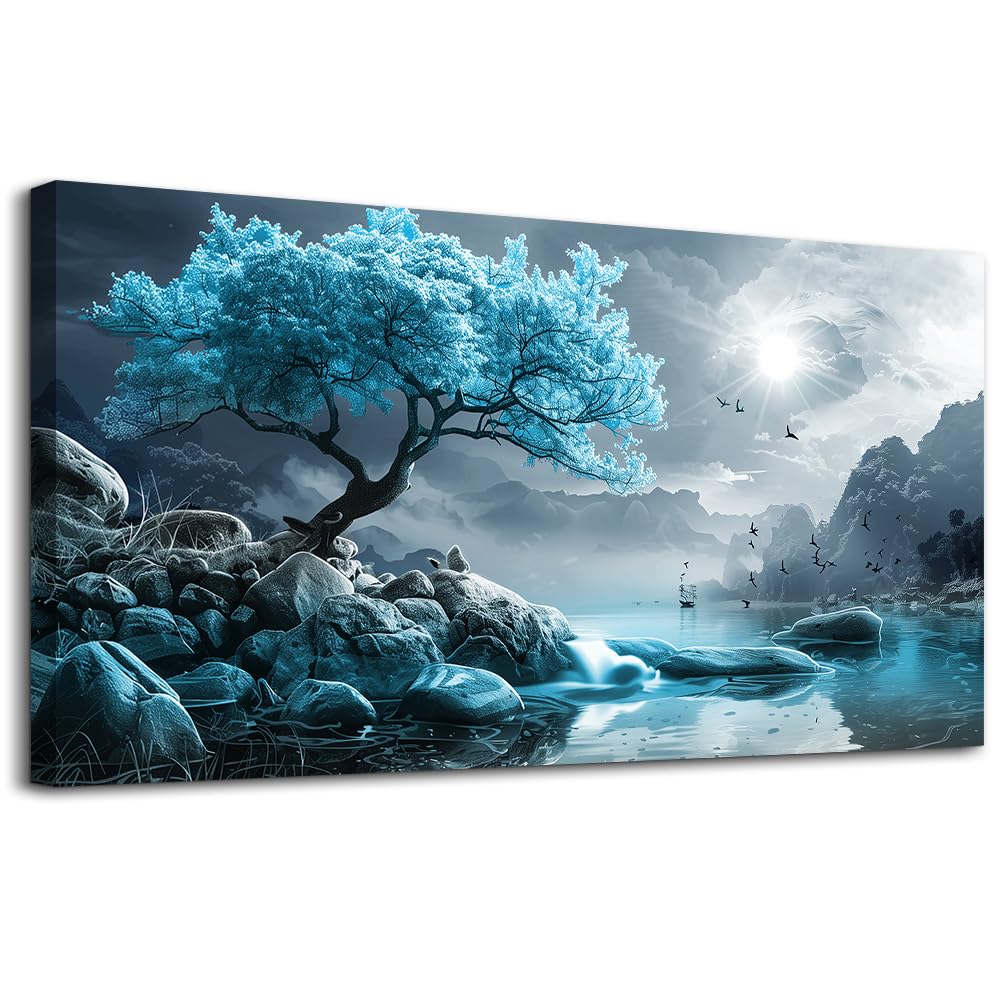 KELIYUAN Large Wall Art For Living Room Canvas Wall Decor Bedroom Blue Tree Landscape Wall Paintings Black And White Pictures Office Mural Framed Prints Artwork Modern Home Decorations 30x60in