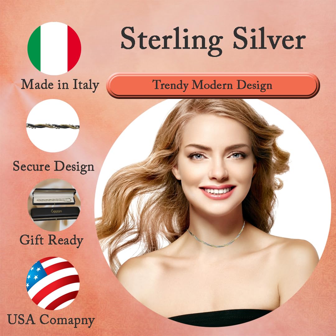 Celestara Jewelry, 925 Sterling Silver Chain, Italian-Made Jewelry Set with Gold Tone Accent (Luxurious Leather Gift Box Included) (Necklace Only, No Bracelet)