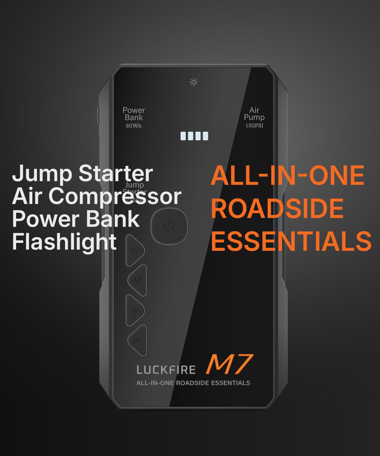 LUCKFIRE M7 SmartIgnition Jump Starter with Air Compressor, TÜV Certified 12V Car Battery Booster Pack, Portable Tire Inflator, Jump Box, 60Wh Power Bank, for 10L Gas and 8.5L Diesel