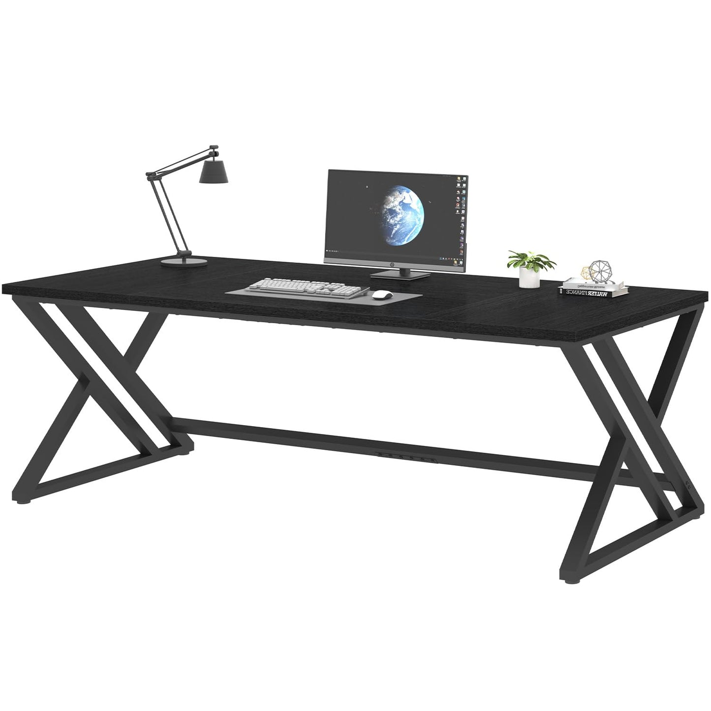 LVB 78.7" Black Computer Desk, Large Industrial Pc Study Home Office Desk, Long Modern Wood Gaming Work Writing Desk for 2 Person, Farmhouse Double Workstation Executive Desk with Storage in Bedroom
