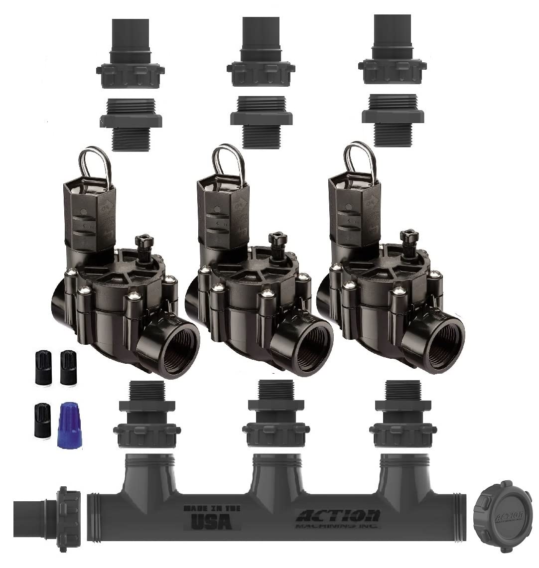 Rain Bird Premium Valve Manifold System 100DV No Flow Control - Heavy Duty Action Machining Parts - 3/4" & 1" Slip (3 Zone)
