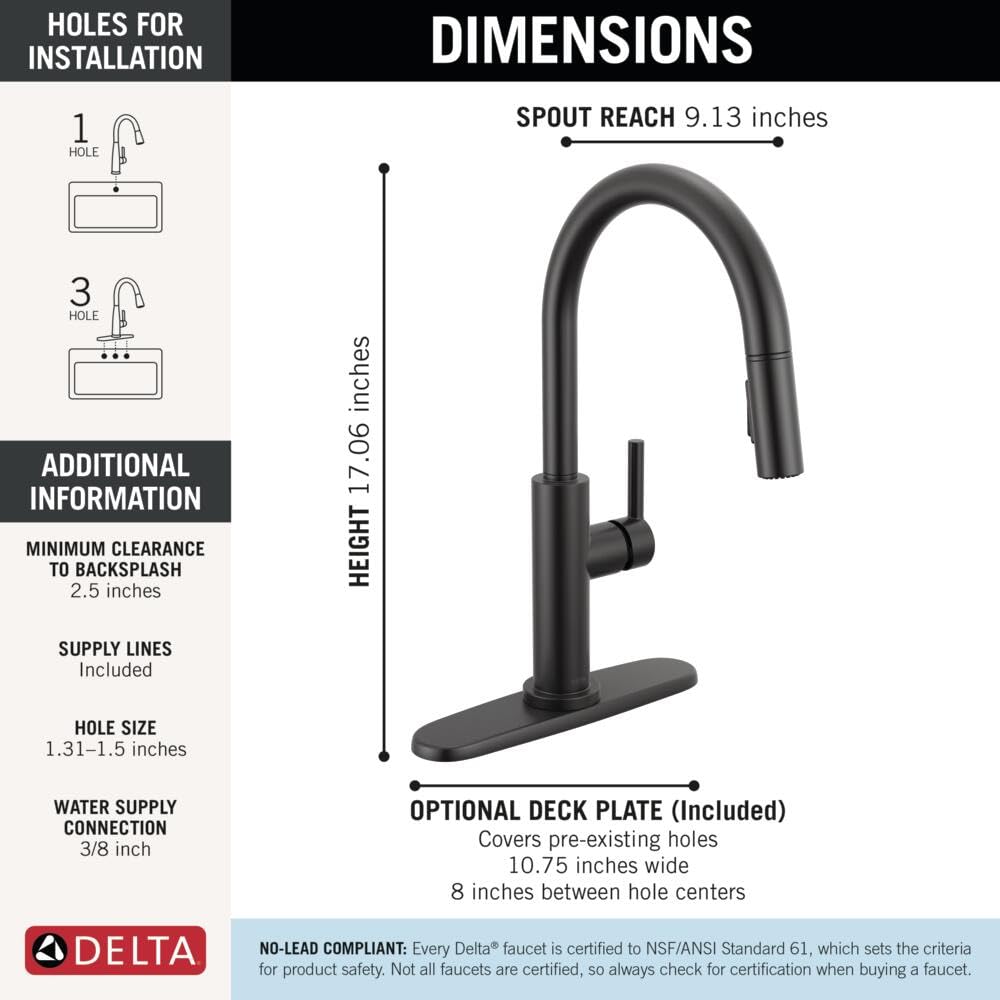 Delta Faucet Nicoli Kitchen Faucet with Pull Down Sprayer, Single Hole Matte Black 19867LF-BL