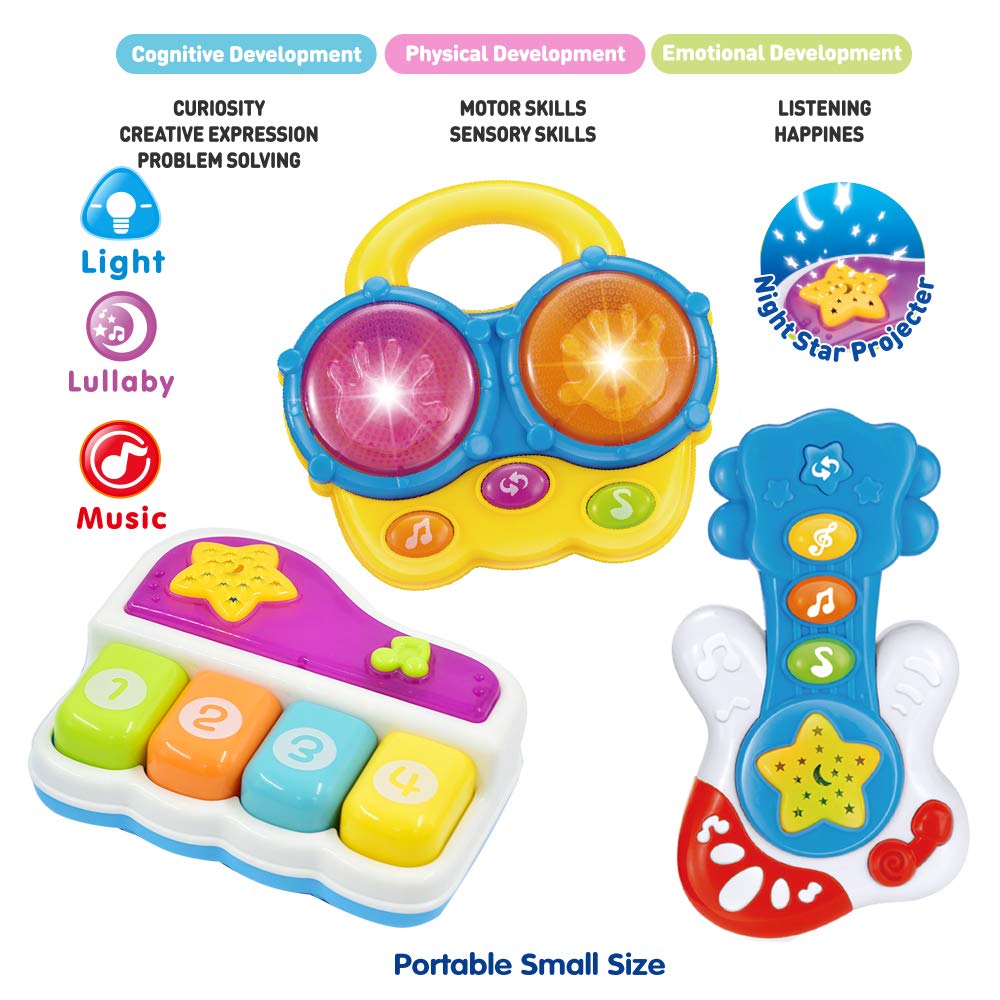 WEofferwhatYOUwant Baby Musical Instrument Set – Piano, Bongo Drums & Guitar – Light-Up Projector Toys for Babies 6+ Months – Educational Multi-Instrument Bundle – Auto Off – Batteries Included