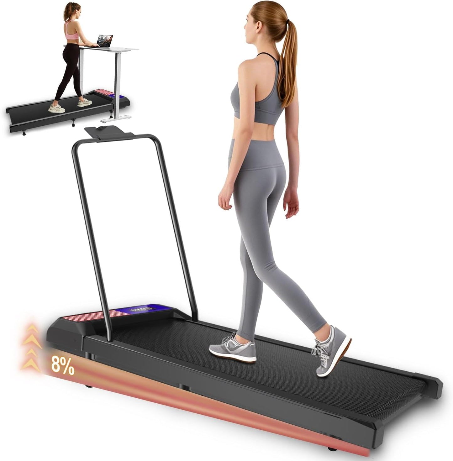 HCOIW Walking with Incline Pad and Handle Bar, 3 in 1 Mini Walking Machine, 2.5HP Low Noise Treadmill for Home with Remote Control, Treadmill with Handle Bar, 270lbs Capacity