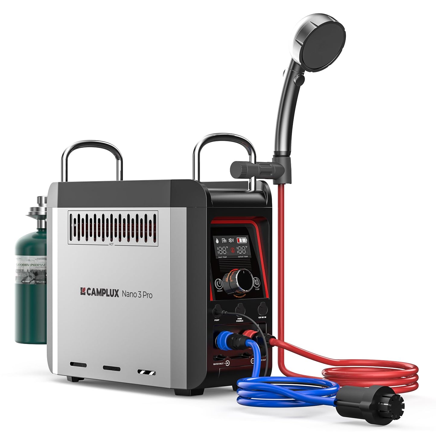 CAMPLUX Nano 3 Pro, Battery Powered Portable Water Heater, 1 lb On-Demand Propane Camping Shower, On Ground Camp Water Heater & Shower Pump, CSA Certified Safety