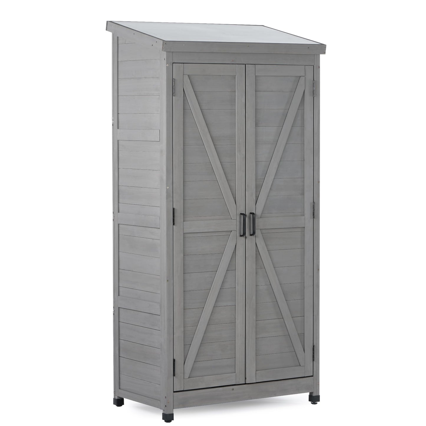 Ball & Cast 68" Garden Shed Tool Shed with Metal Top and Adjustable Protective Footpad,X-Shape Design Outdoor Cedar Wood Storage Cabinet W/Magnetic Door,Tall Shelter for Yard Patio,Gray