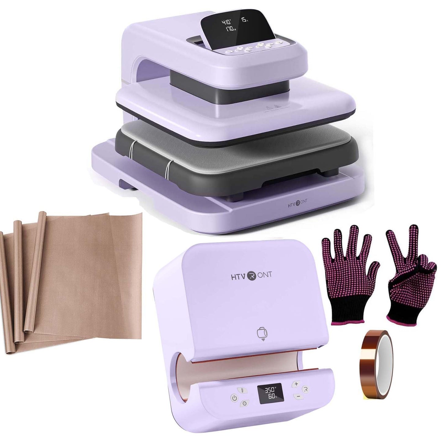 HTVRONT Auto Heat Press 2, Auto Tumbler Heat Press Purple, Teflon Sheets, Heat Resistant Gloves, Heat Tape