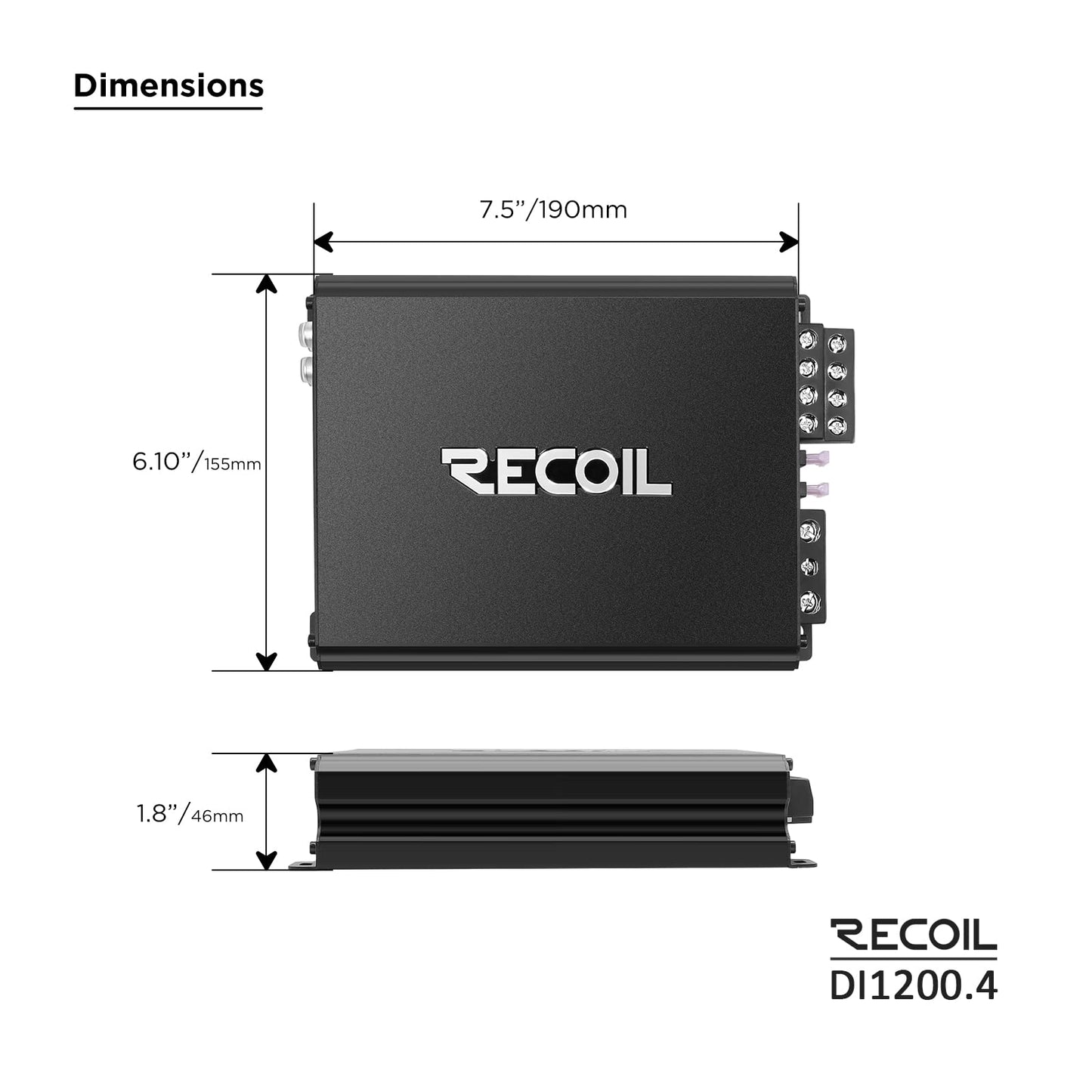 Recoil DI1200-4 Full-Range Class-D 4-Channel Car Audio Amplifier, 2,400 Watts, 2-4 Ohm Stable, MOSFET Power Supply, Bridgeable