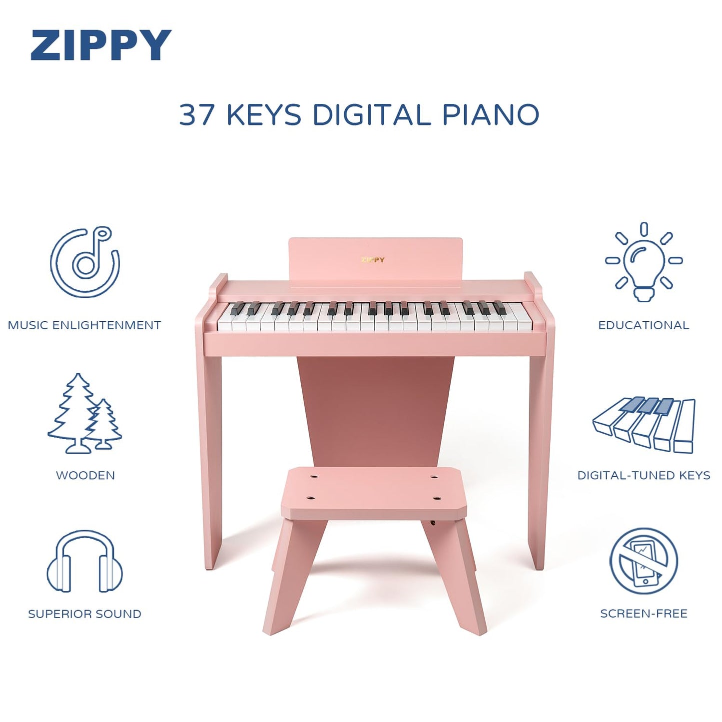 ZIPPY Kids Piano Keyboard, 37 Keys Digital Piano for Kids, Music Educational Instrument Toy, Wood Piano for 3+ Girls and Boys (Pink Basic)