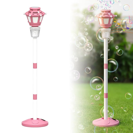 Bubble Machine for Kids, 2026 New 47" Rechargeable Automatic Bubble Maker with Light and Music for Outdoor, Adjustable Height Stand with Detachable Wand, Bubble Solution Included for Party (Pink)