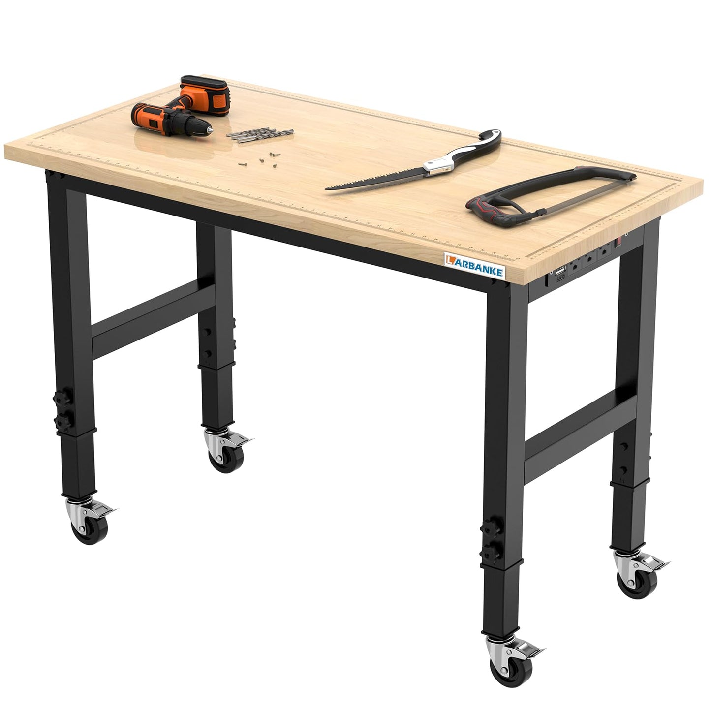 LARBANKE 48" Heavy-Duty Adjustable Workbench with Brake Wheels,Hardwood Worktable Weight Capacity Over 2000 Lbs,Rubber Wood Workbench has Adjustable 5 Different Heights,for Workshop,Garage,Office,Home