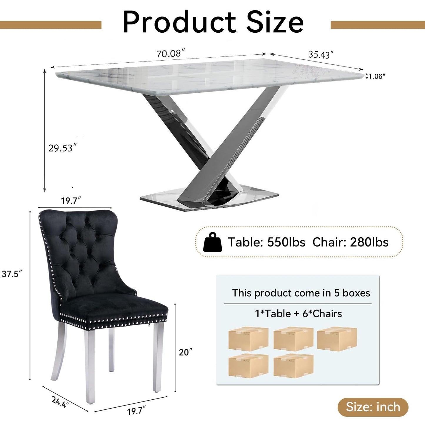 Pvillez 7 Piece Faux Marble Dining Table Set for 6, 70" White Silver Kitchen Table Set with X-Shape Stainless Steel Base, Modern Dining Room Table Set with 6 Black Velvet Chairs for Kitchen Dining