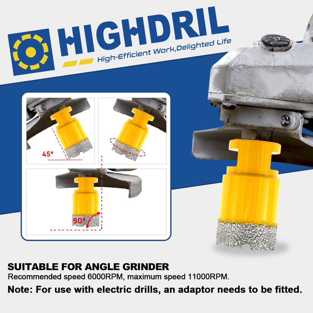 HIGHDRIL Diamond Drill Bits Kit with 5/8-11 for Porcelain Tile Ceramic Marble Brick Concrete Vacuum Brazed Hole Saw(6/8/10/20/35/50/65/100mm+50mm Chamfer Bit+20mm Finger Bit+Adapter)