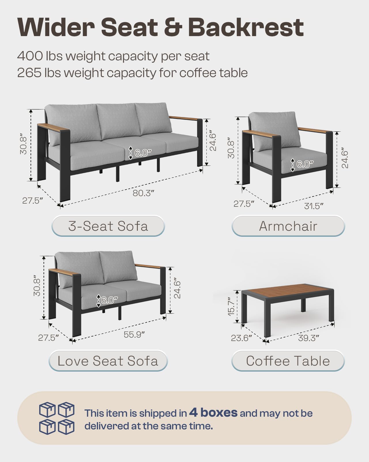 Oasbira Aluminum Outdoor Patio Furniture Set with Coffee Table, 5 Piece Patio Conversation Sets, Outdoor Sectional Furniture for Porch, Balcony, Yard, Gray