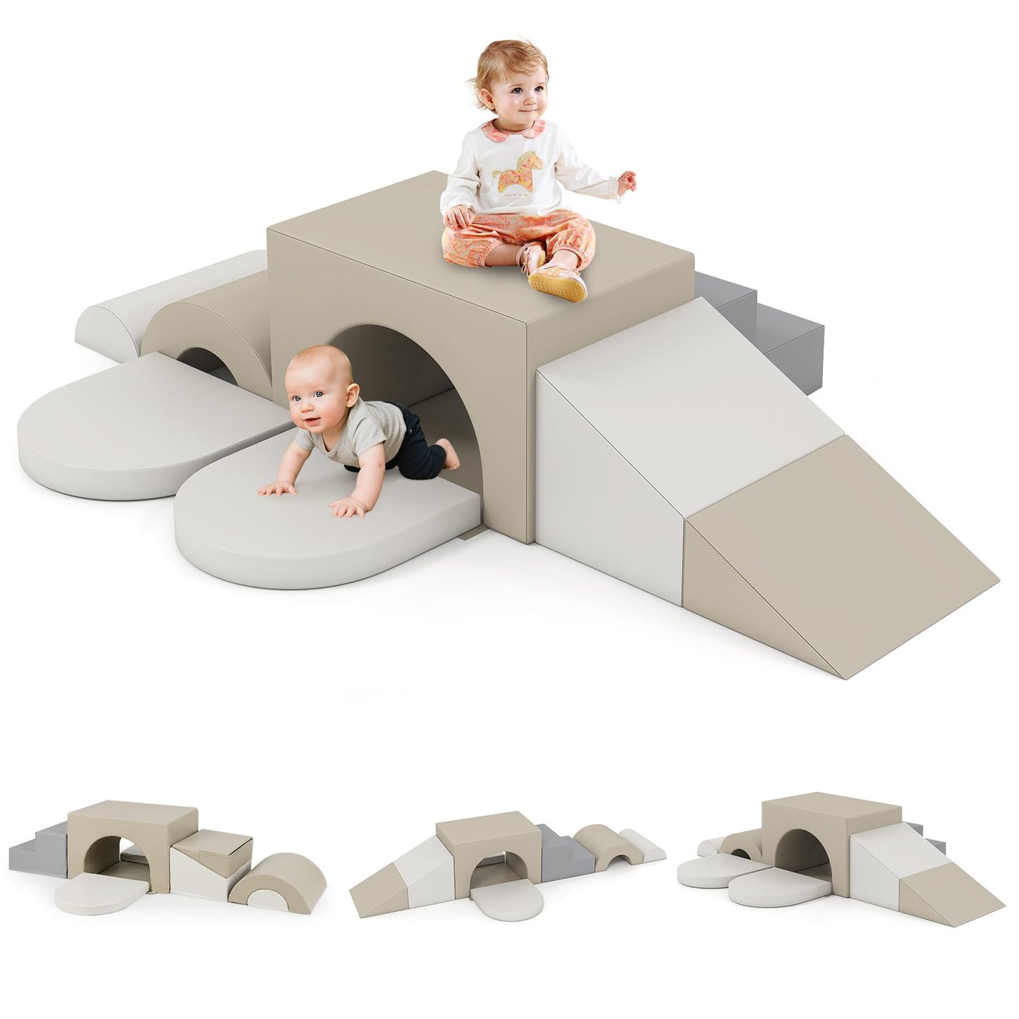 Olakids Toddler Climbing Toys Indoor, 8 Pieces Baby Foam Blocks Soft Play Set with PU Leather, Kids Climb Crawling Activity Gym Playground for 1+ Years (Gray)