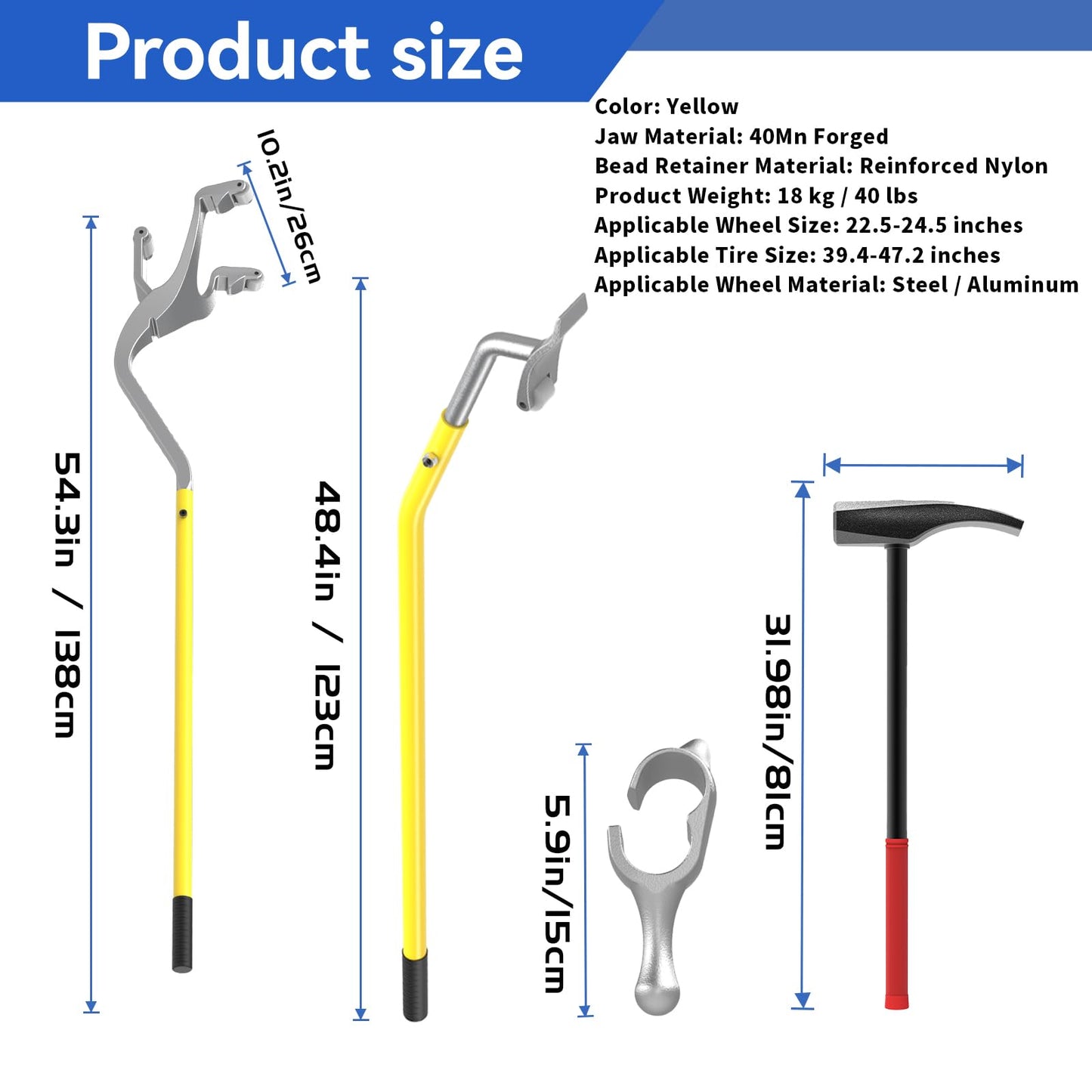 Iorrobid Steel Tire Mount Demount Tool 22.5" to 24.5" Semi Tire Changing Tool to Tire Hammer with Extra Bead Keeper, Tubeless Truck Bead Breaker Manual Tire Changing Tools for Car Repairing