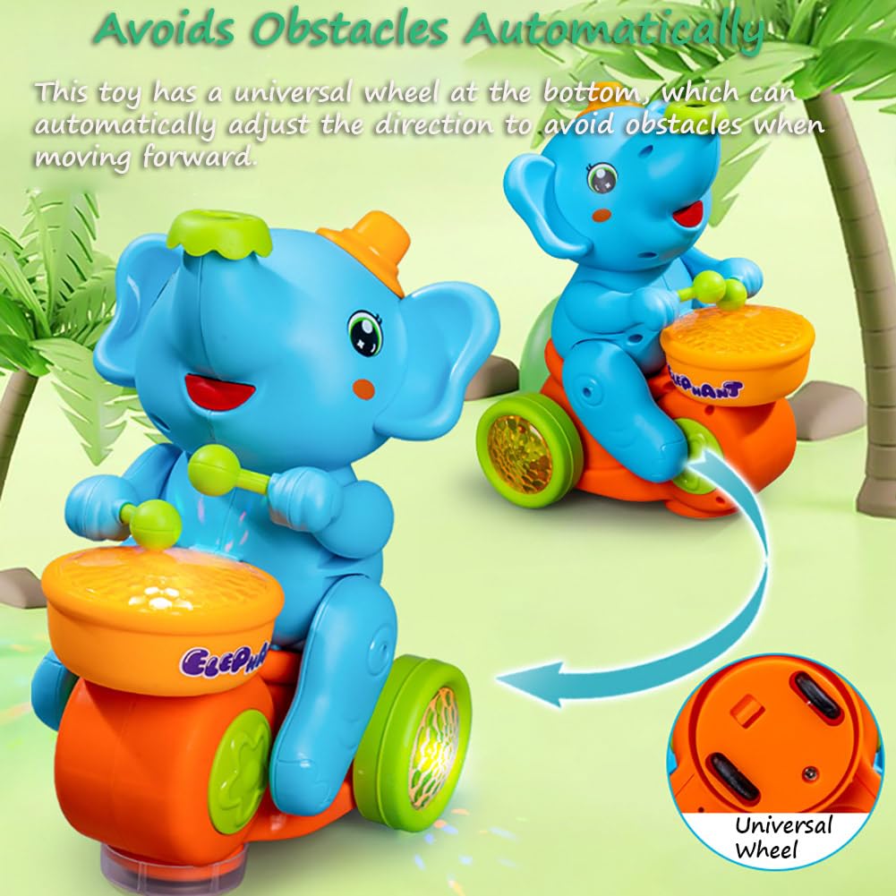 Miracland Drumming Elephant Car Toy, Multifunctional Musical Toy with Blow Floating Ball and Tricycle, Lights and Music, 2 Foam Balls (Blue)