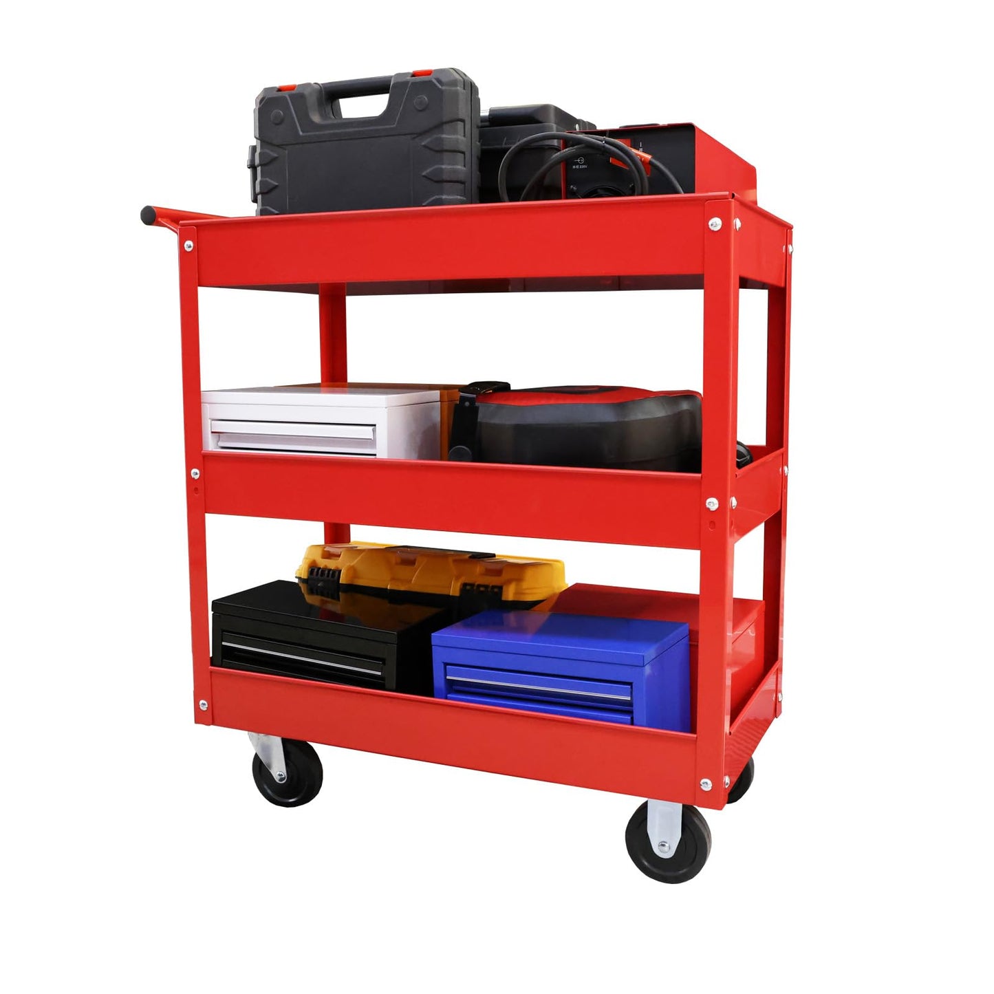 BIG RED Steel Rolling Service Tool Cart with 3 Tires , Heavy Duty Utility Cart on Wheels with Two Brake for Office，Kitchen，warehouse,400 lbs Capacity,Red