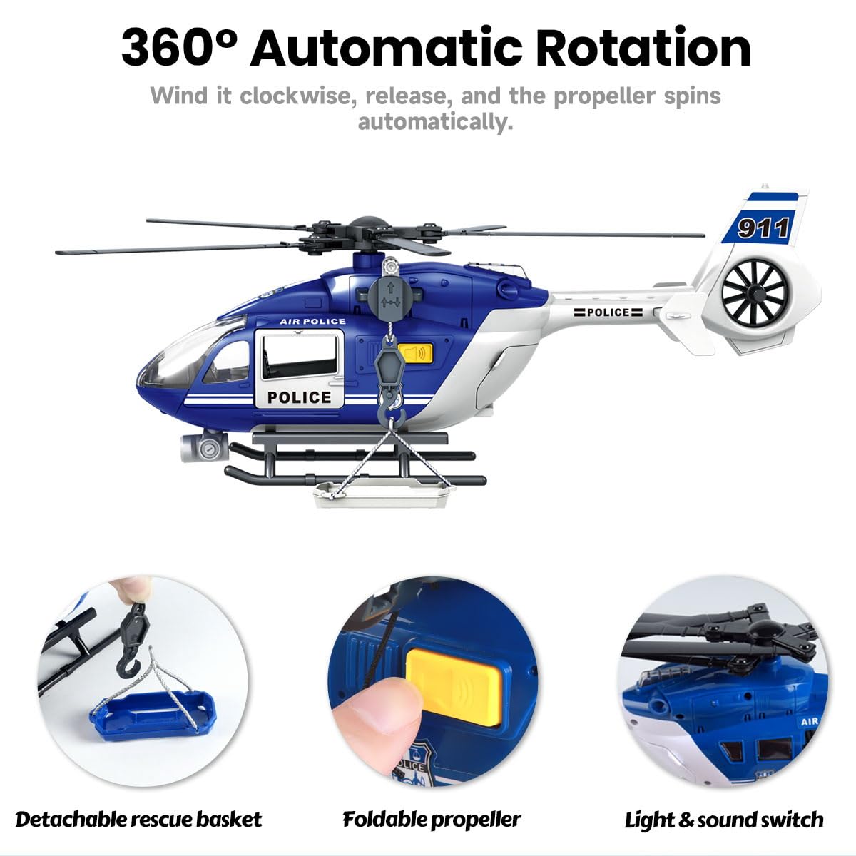 ANJARU Helicopter Toy with Lights and Sound,Simulative Rescue Helicopter Toddler Kids Toys for Kids Aged 3 4 5 6 Pull-Back Propeller Army Toys Toddler Kids Boys Gifts (Police.-Helicopter)