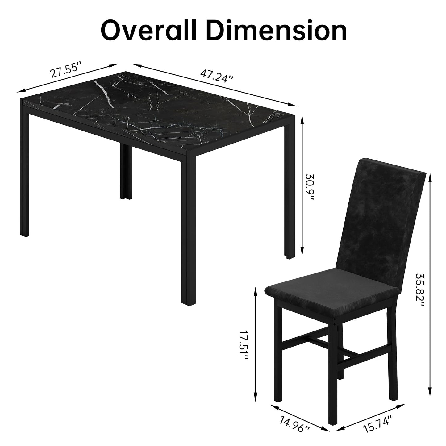 AWQM Products 5-Piece Marble Dining Set, Modern Kitchen Table and Chairs for Dining Room, Compact Space Saving Furniture, Dinette, 4 Upholstered Velvet Chairs - Black